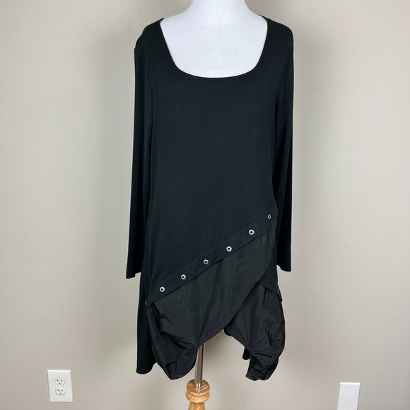 SUN KIM Tunic Top Womens Medium Black Lagenlook Asymmetrical Mixed Media Grommet - Picture 1 of 13